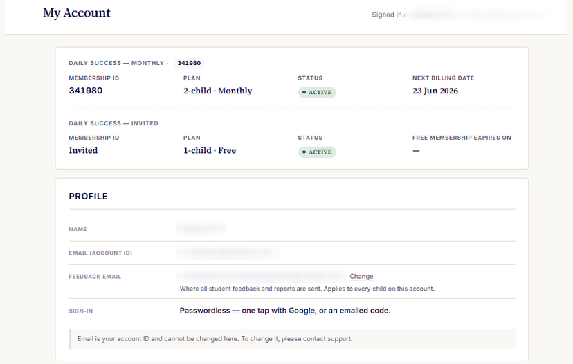 The My Account page: active memberships, plan, status, next billing date, and the profile section.