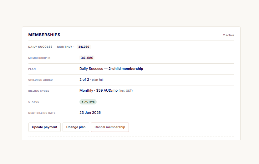 The membership panel showing plan, children added, billing cycle, price, status and next billing date.