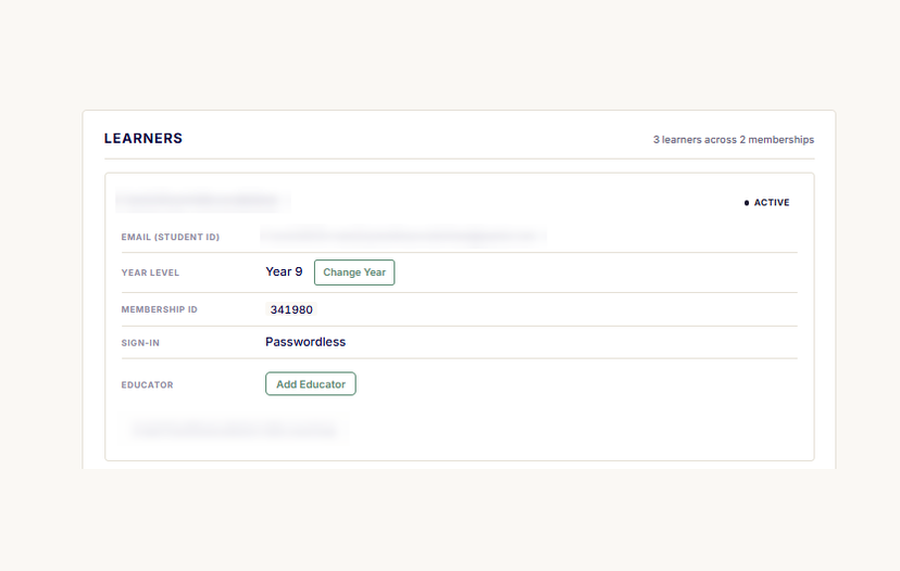 The Learners panel showing each child with their year level, membership and sign-in method.