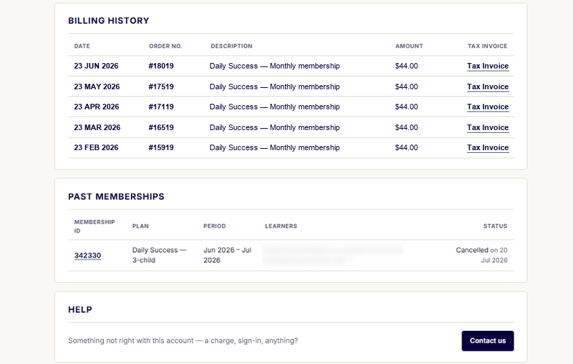 Billing history with a tax invoice for each charge, past memberships, and a way to contact support.