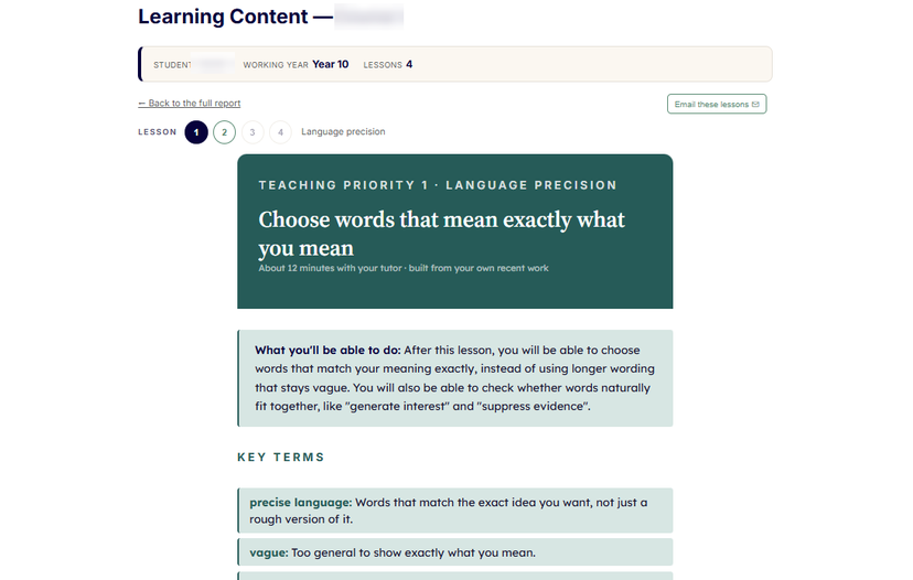 The top of a prepared lesson: the teaching priority, what the student will be able to do, and the key terms.