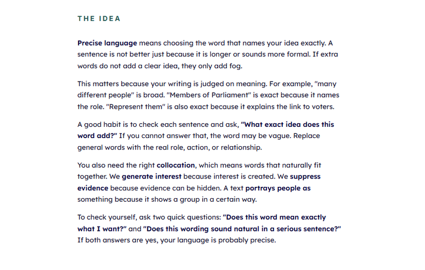 The idea explained in full prose, building the concept from first principles rather than restating the rule.