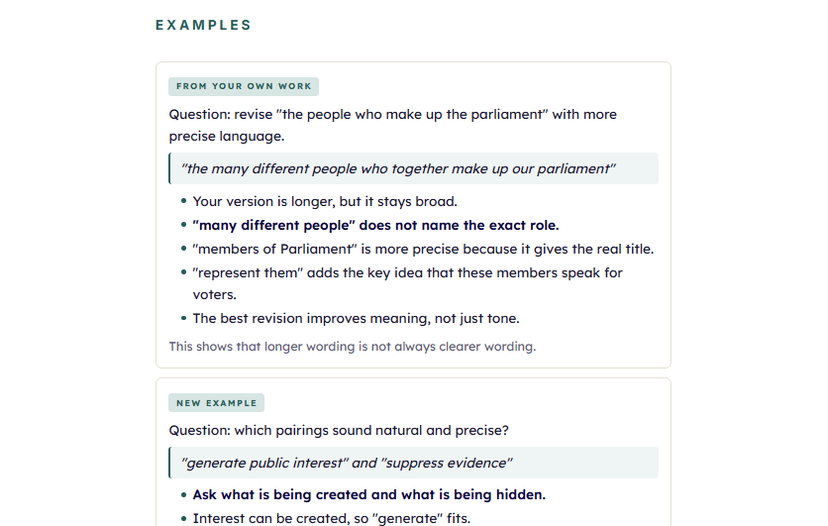 Worked examples: the student's own answer revised, followed by a fresh example of the same skill.