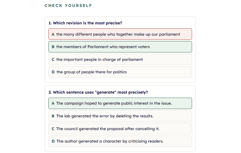 The same quiz marked, with correct answers confirmed and wrong ones shown against the right one.