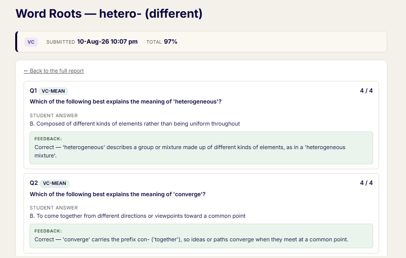 Detailed feedback for a module: each question, the student's answer, the correct answer and the marker's feedback.