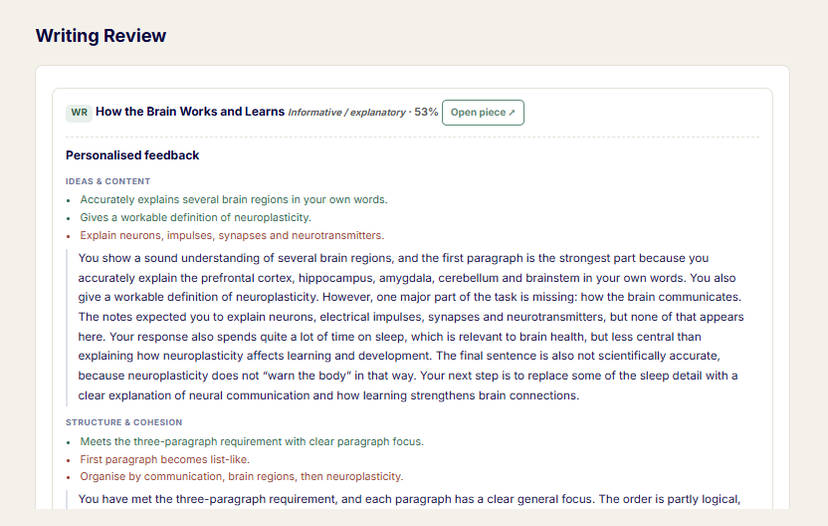 A writing review: personalised feedback on ideas and content and on structure and cohesion.