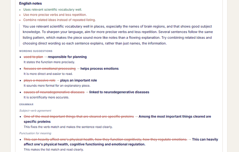 English notes, wording suggestions and grammar corrections marked through the student's own sentences.