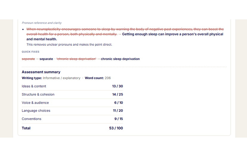 Quick fixes, and the assessment summary scoring five criteria to a total.