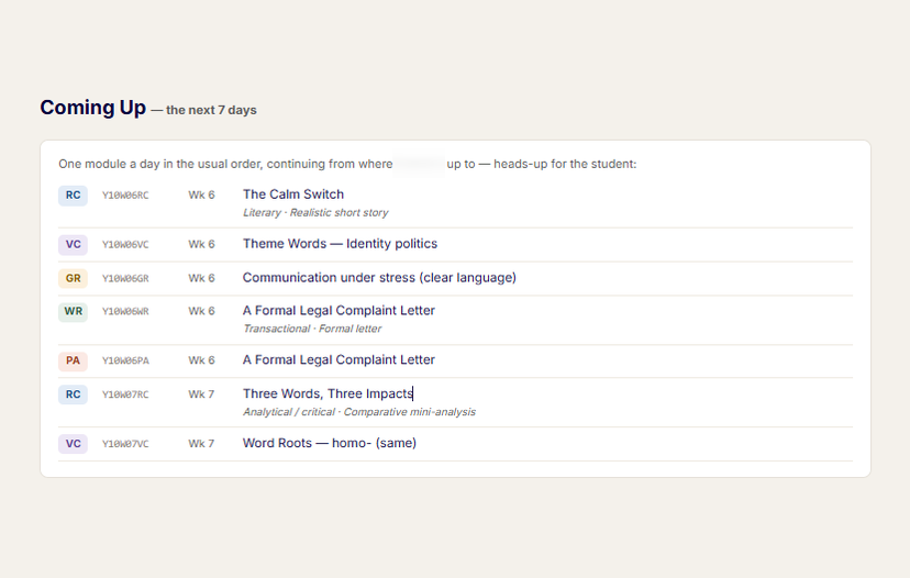 A Coming Up list of the modules scheduled for the next seven days.