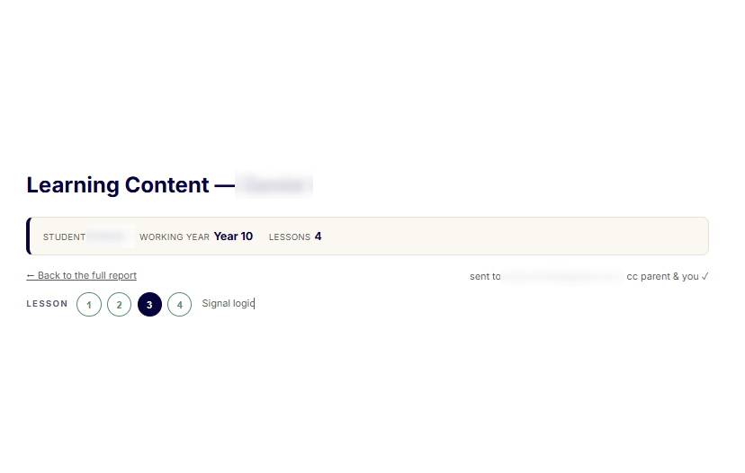 The lesson set after sending, confirming it went to the student with the parent and educator copied in.