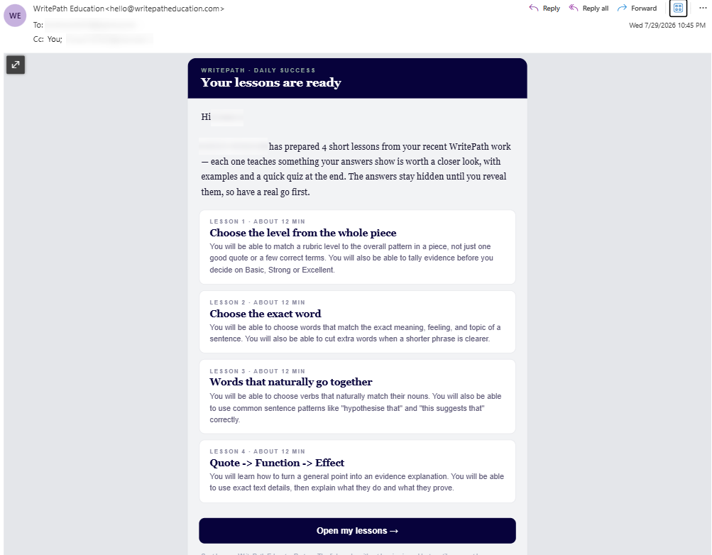 The lesson email as it arrives: Your lessons are ready, with each lesson listed and a button to open them.