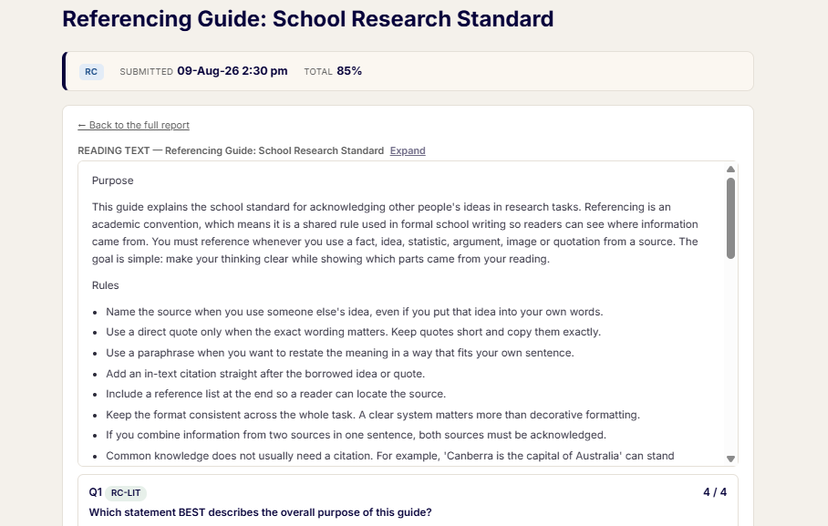 A module opened in full: the complete reading text expanded, followed by the questions and marking.