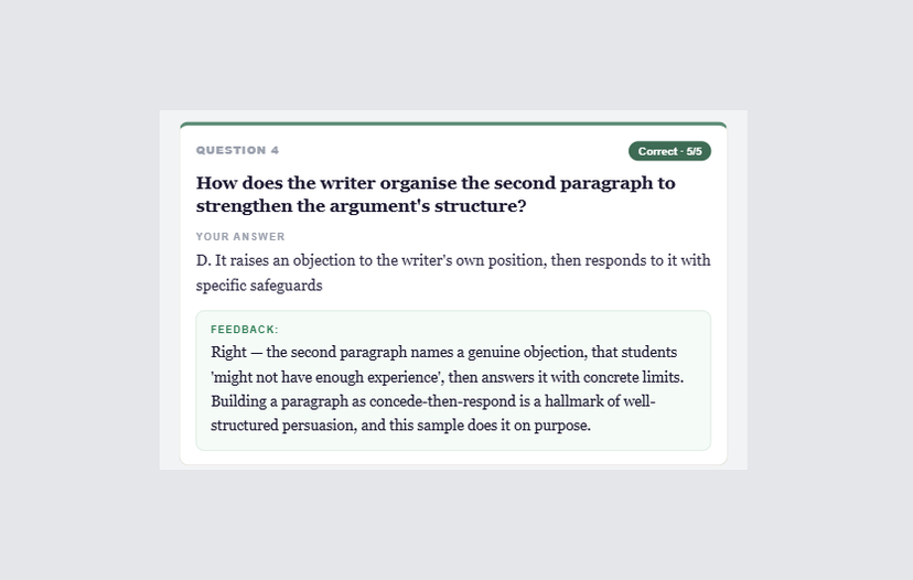 A correct multiple-choice answer marked 5 out of 5, with feedback explaining why the reasoning holds.