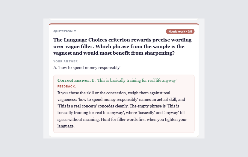 An incorrect multiple-choice answer showing the correct answer alongside feedback explaining the difference.