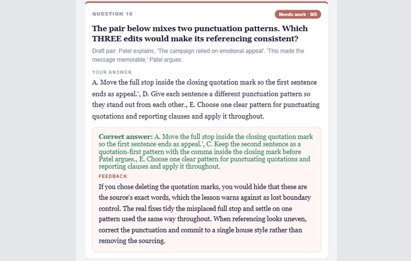 A multiple-answer question marked as needing work, with the correct selection listed and each wrong choice addressed.