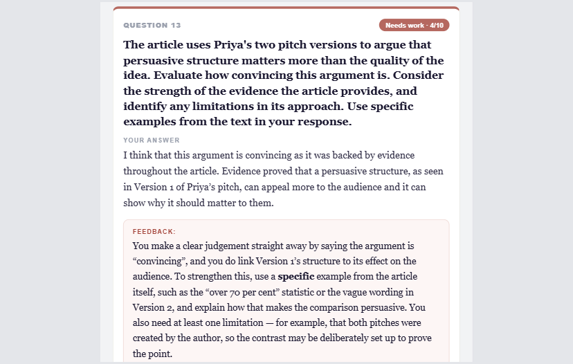 A written answer marked 4 out of 10, with constructive feedback naming exactly what to add next time.