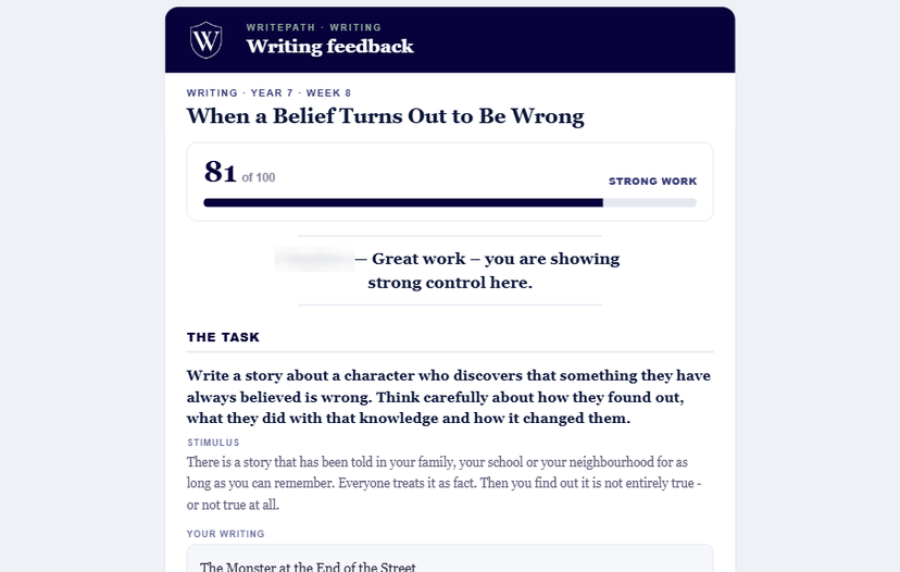 Writing feedback email: the title, a score of 81 out of 100 marked Strong work, the task set, the stimulus and the student's own writing.