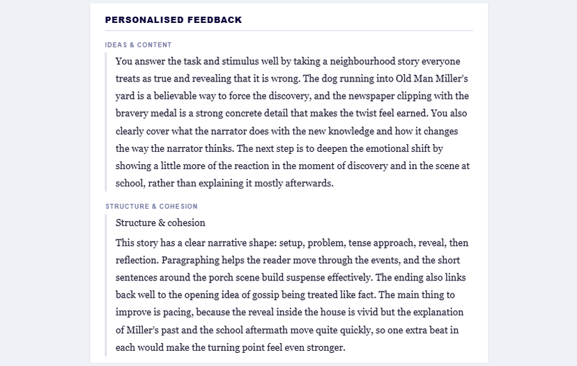 Personalised feedback on ideas and content, and on structure and cohesion, written as prose about this particular piece.