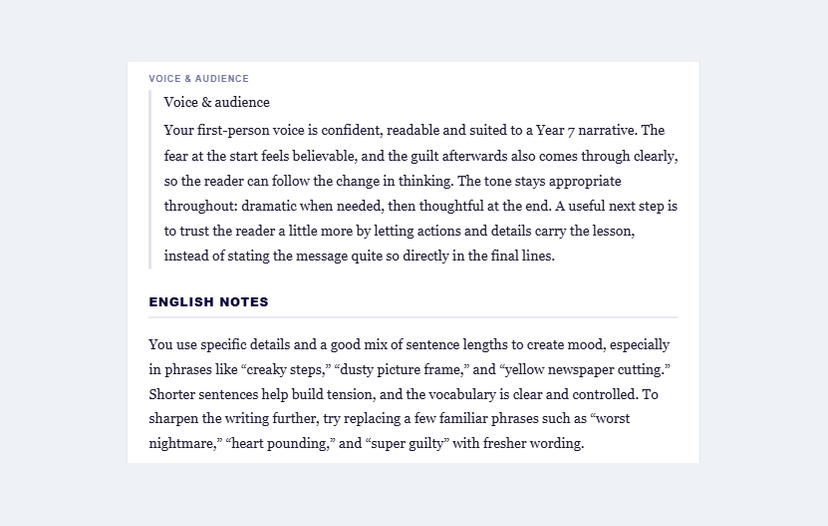 Personalised feedback on voice and audience, followed by English notes on sentence length and word choice.