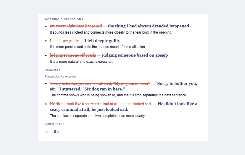 Wording suggestions, grammar corrections and quick fixes marked directly through the student's own sentences.