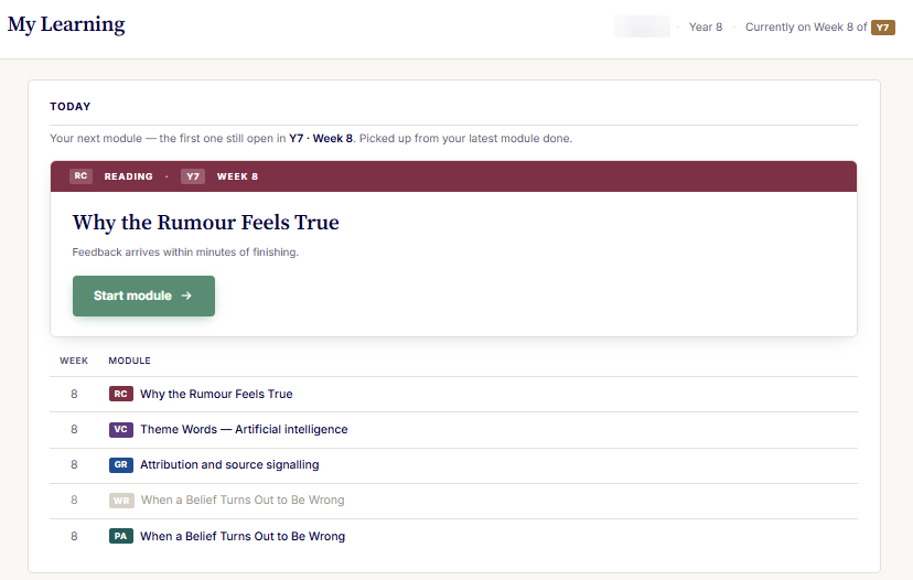 The My Learning home screen: today's module ready to start, and the week's modules listed beneath it.