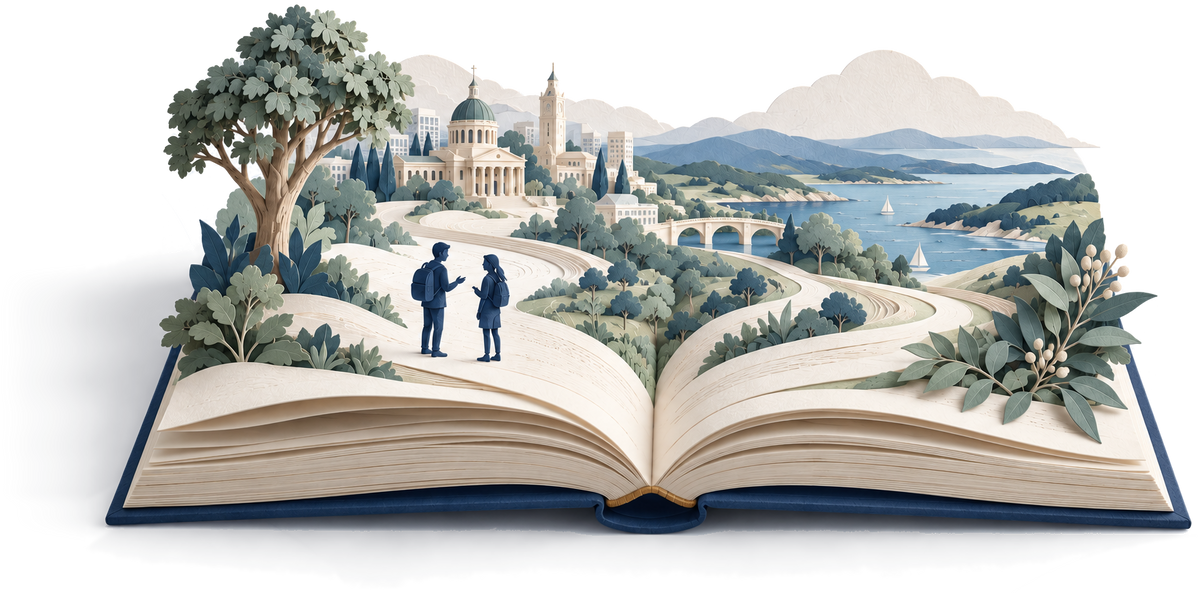 A world rising from the pages of an open book: two students talking on a path that winds through trees, town buildings, a bridge and a coastline.