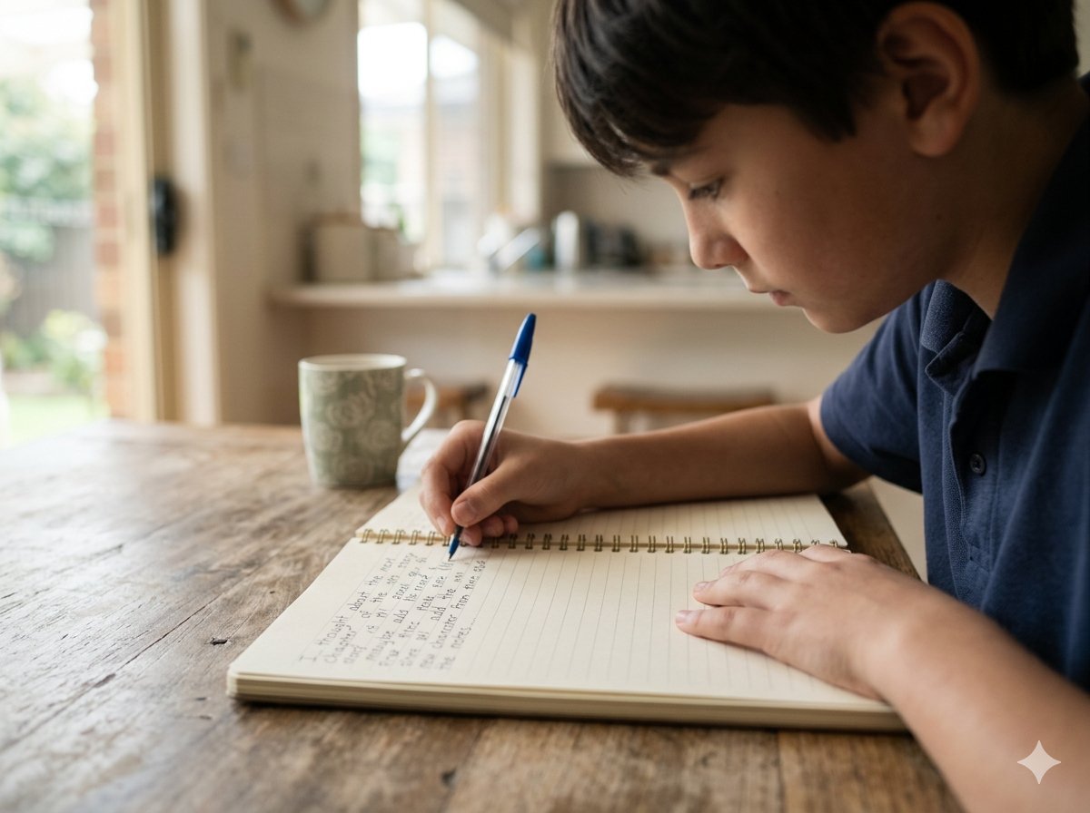 A Year 7 student writing at a desk at home