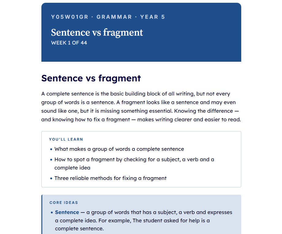 Real Year 5 Grammar module — Sentence vs Fragment