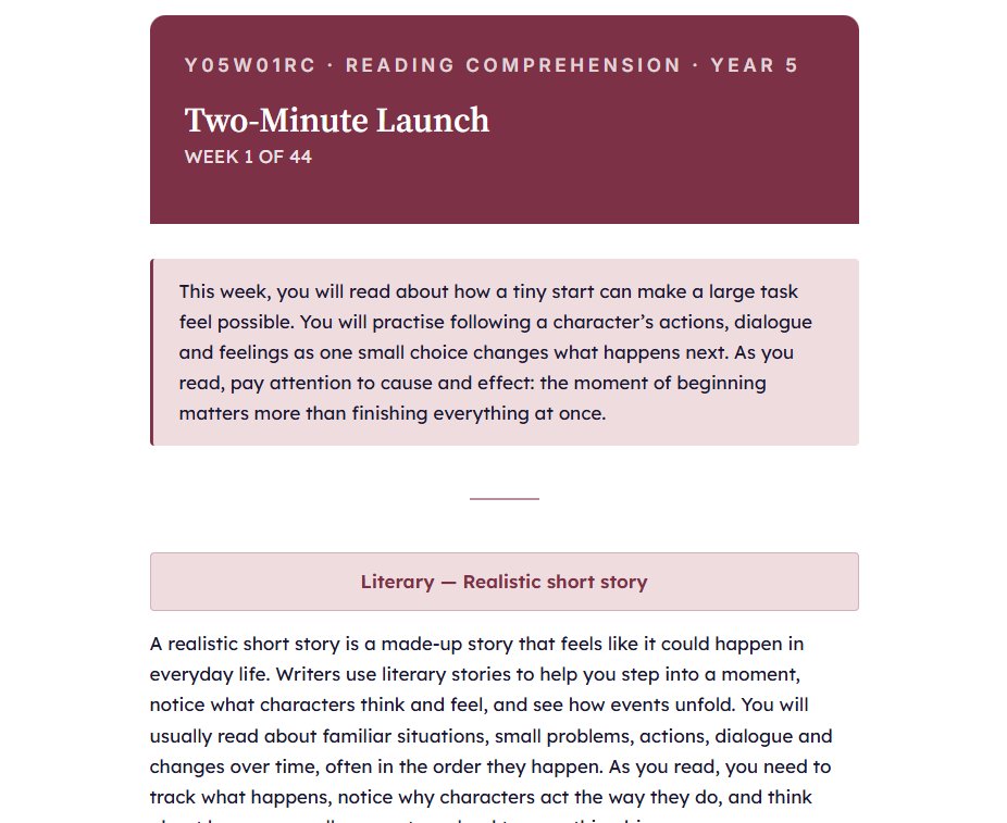 Real Year 5 Reading Comprehension module — Two-Minute Launch