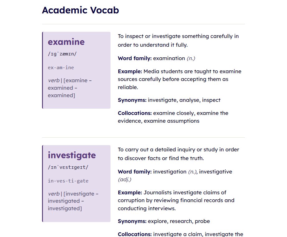 Real Year 8 Vocabulary weekly set — sentence moves of analysis