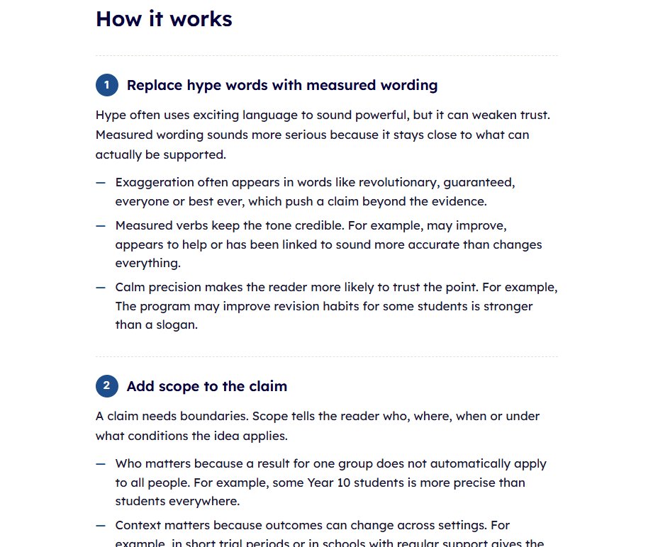 Real Year 10 Grammar module — Claims with Limits (Anti-Hype)