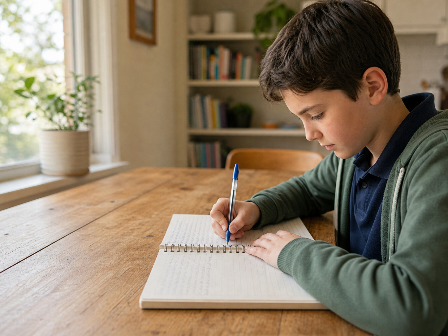 A Year 5 or 6 student writing at a desk