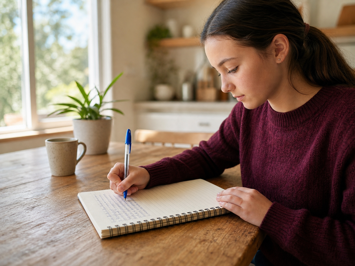 A Year 7 or 8 student writing at a desk
