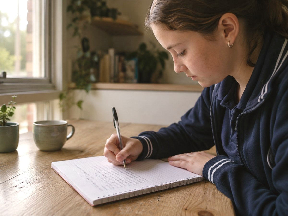 A Year 9 or 10 student writing at a desk