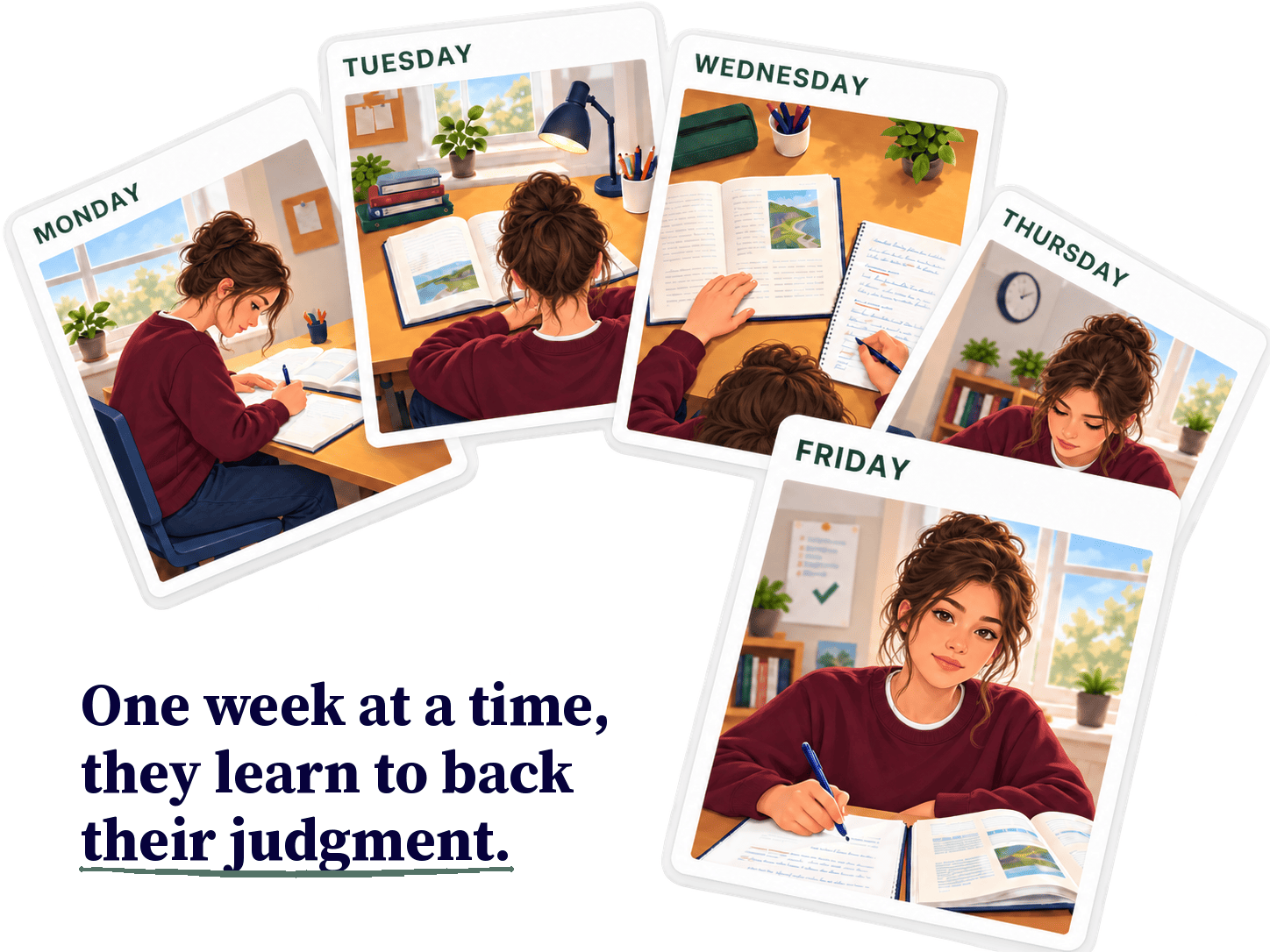 Monday to Friday cards of a Grade 9 or 10 student reading and writing through the week &mdash; one week at a time, they learn to back their judgment.